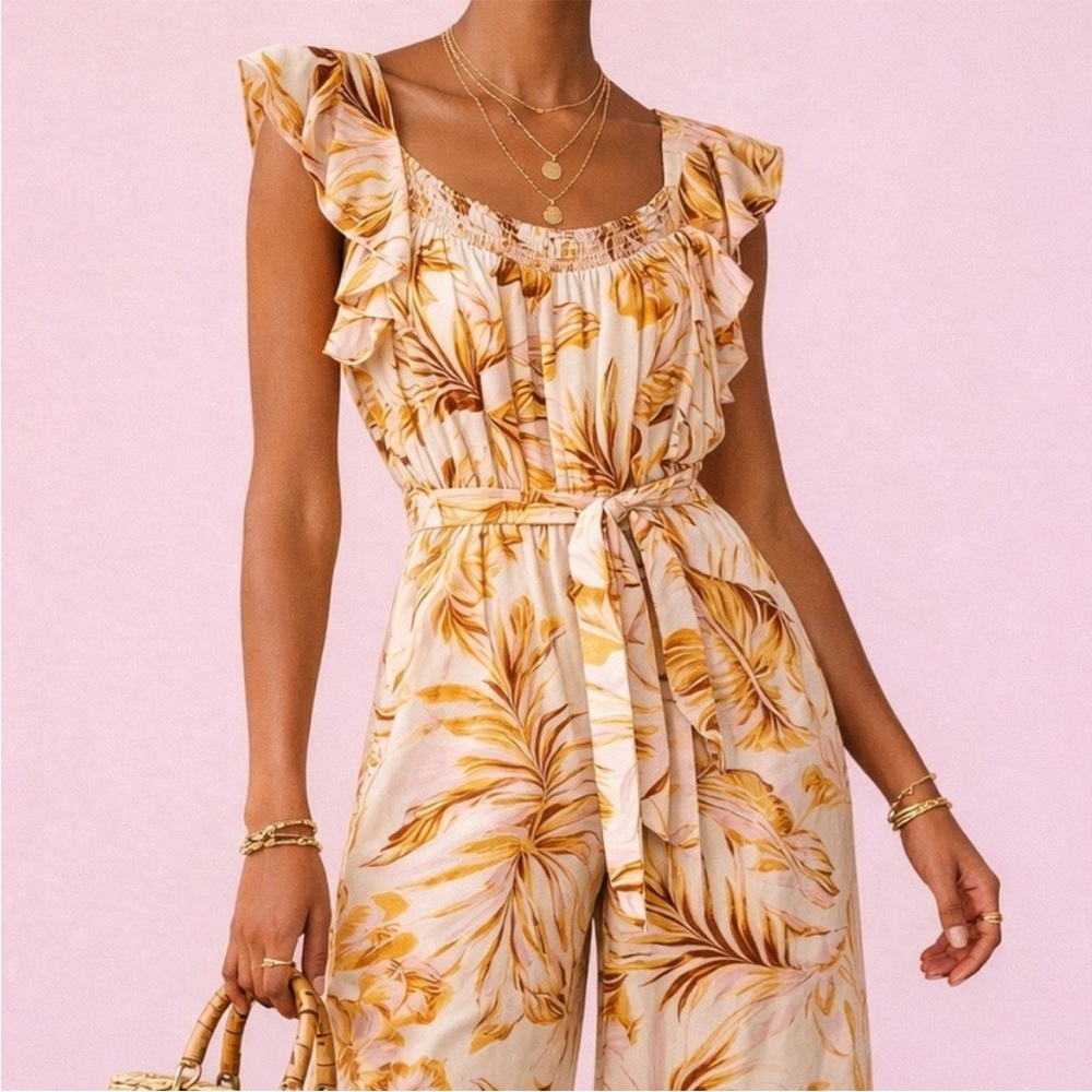 june & hudson Yellow Pink Palm Print Ruffle-Sleeve Wide-Leg Jumpsuit NWT Large - Picture 11 of 11